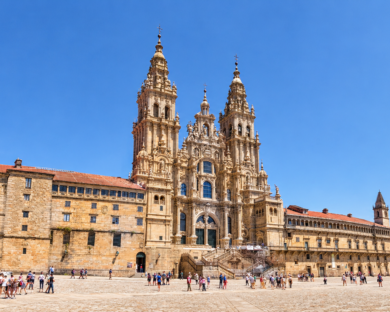 Fachada do Obradoiro da Catedral de Santiago de Compostela vista da Praça do Obradoiro na Espanha.