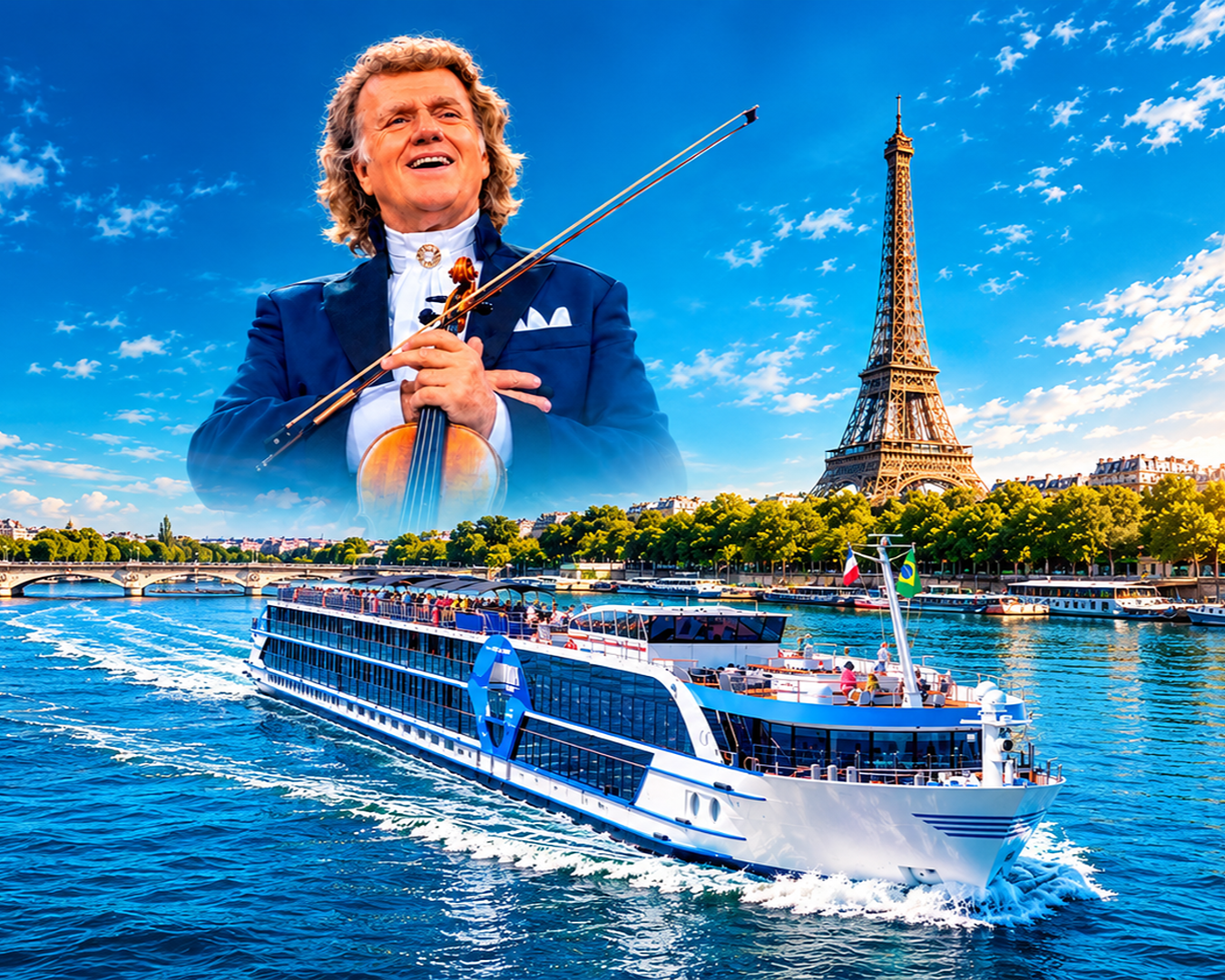 Cruzeiro no Rio Sena em Paris com a Torre Eiffel e imagem do violinista André Rieu