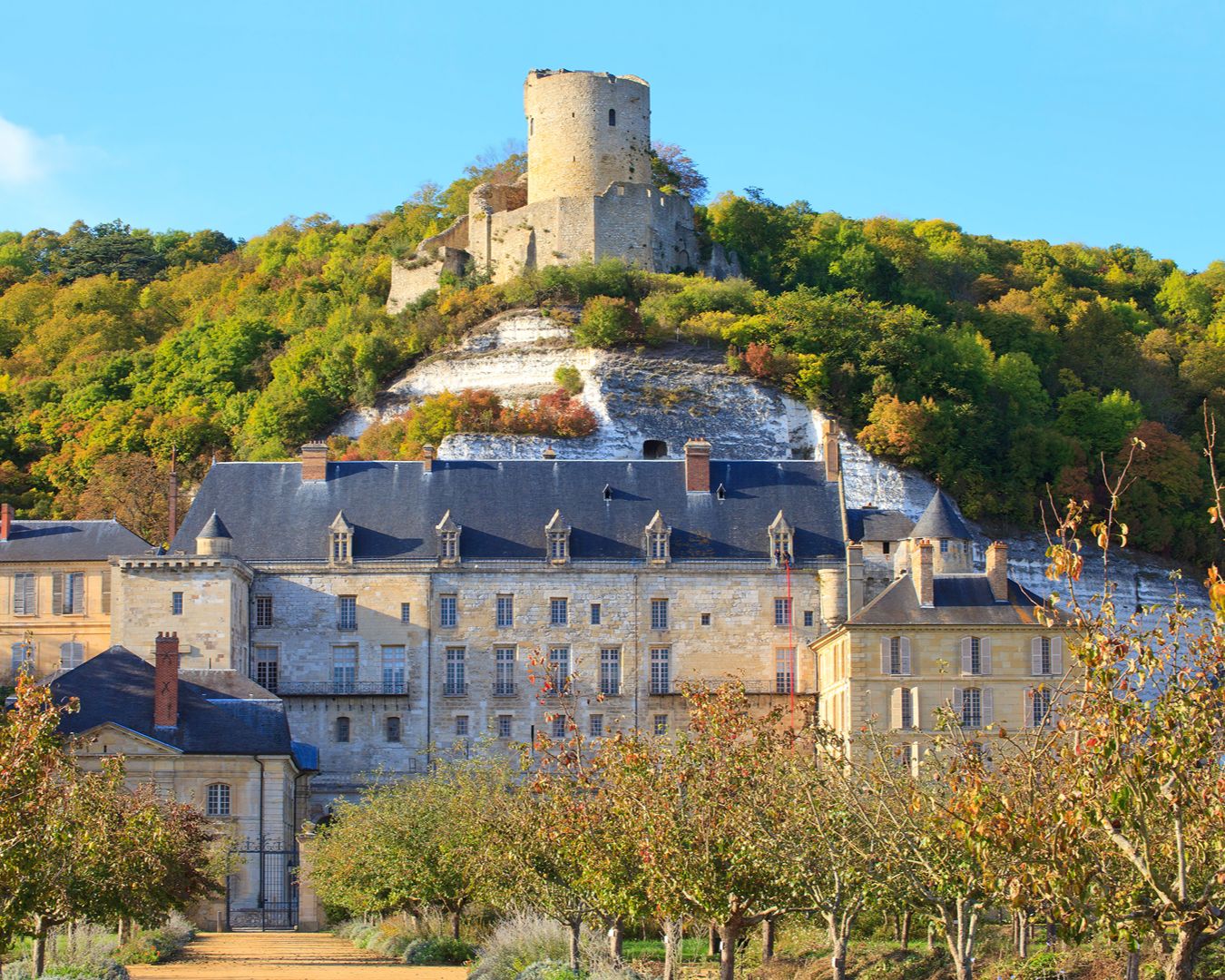 Castelo e fortaleza histórica de La Roche-Guyon no topo do monte sobre o pomar de árvores de fruto