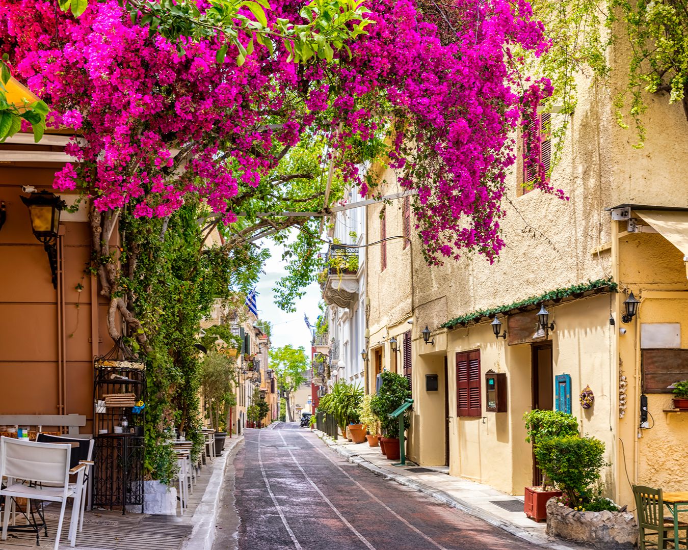 Rua pitoresca com flor de buganvília rosa e esplanadas no bairro histórico de Plaka em Atenas, Grécia.