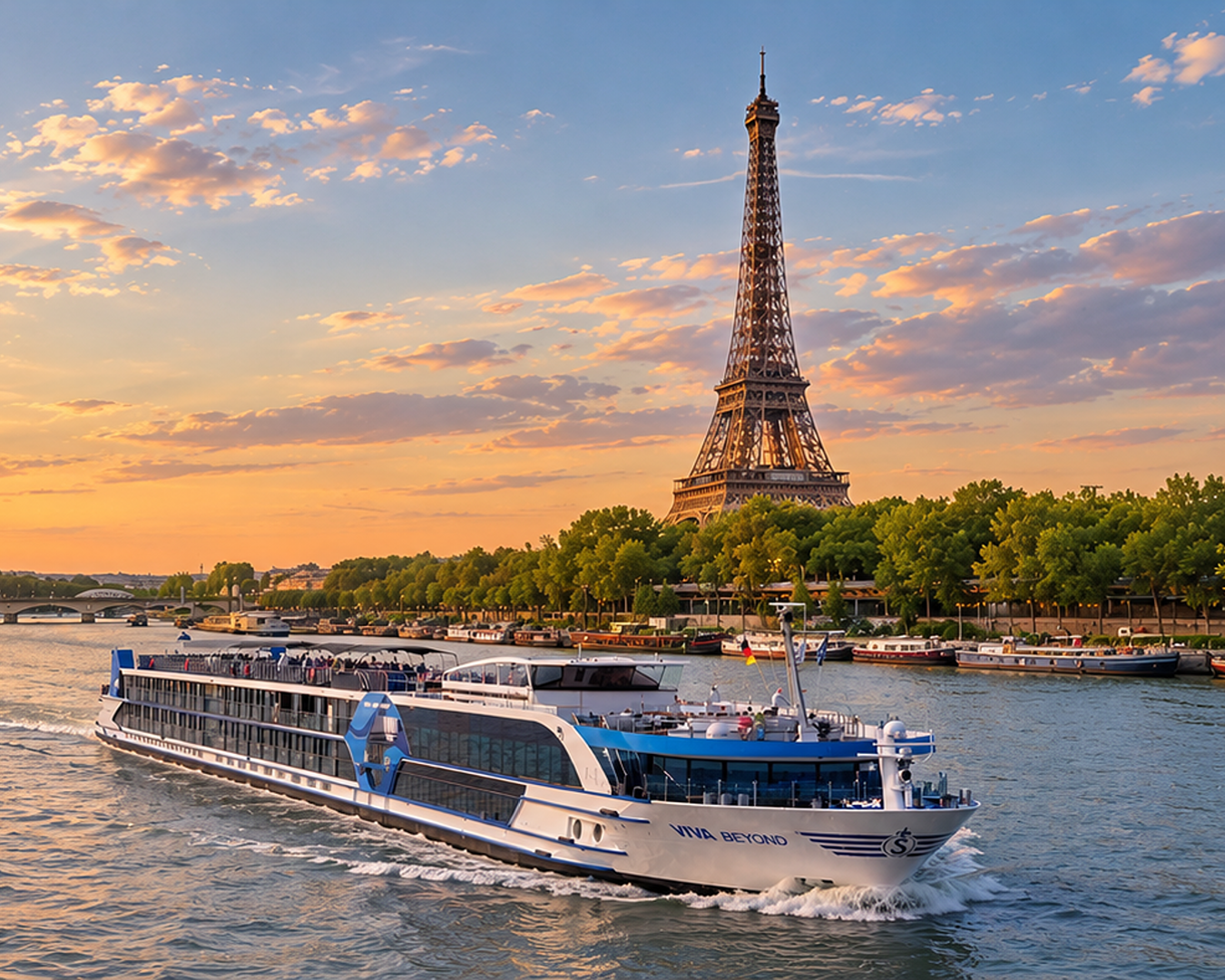 Navio de cruzeiro VIVA BEYOND navegando pelo Rio Sena com a Torre Eiffel ao fundo durante o pôr do sol em Paris