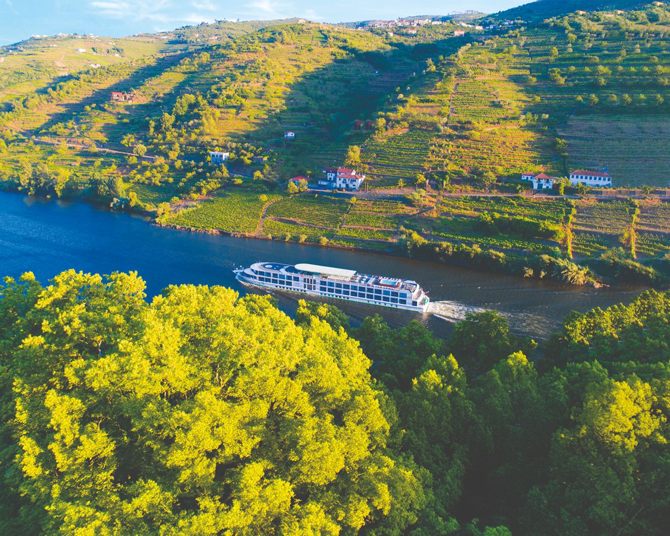 Navio de cruzeiro fluvial navegando pelo Rio Douro cercado por colinas verdes e vinhedos em socalhos em Portugal.