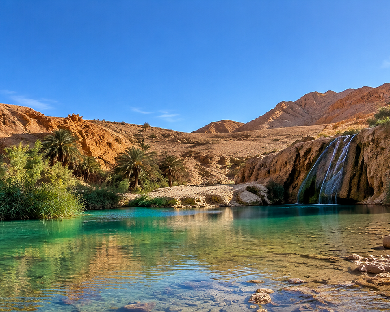 Oásis no deserto com cachoeira, lagoa de águas cristalinas, palmeiras e cânions de rocha na Tunísia