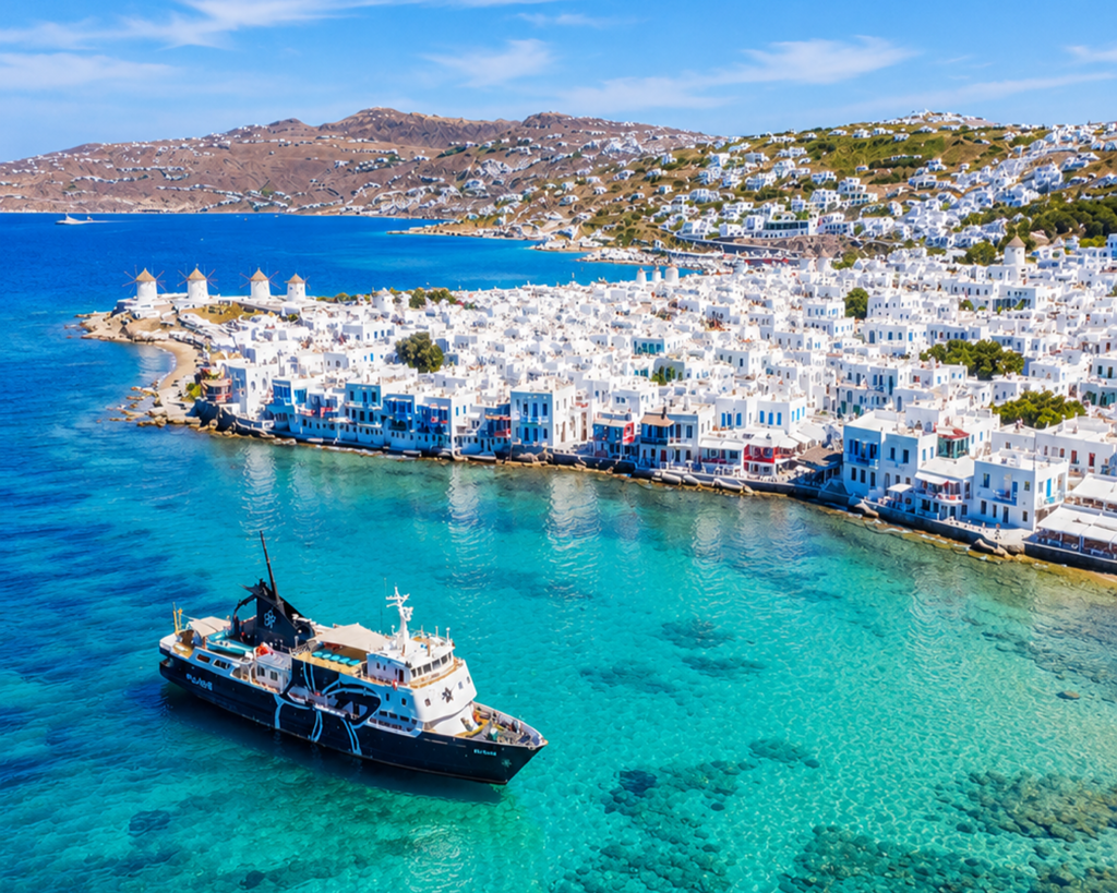 Vista aérea de iate navegando em águas turquesa em frente à cidade de Mykonos e seus moinhos de vento