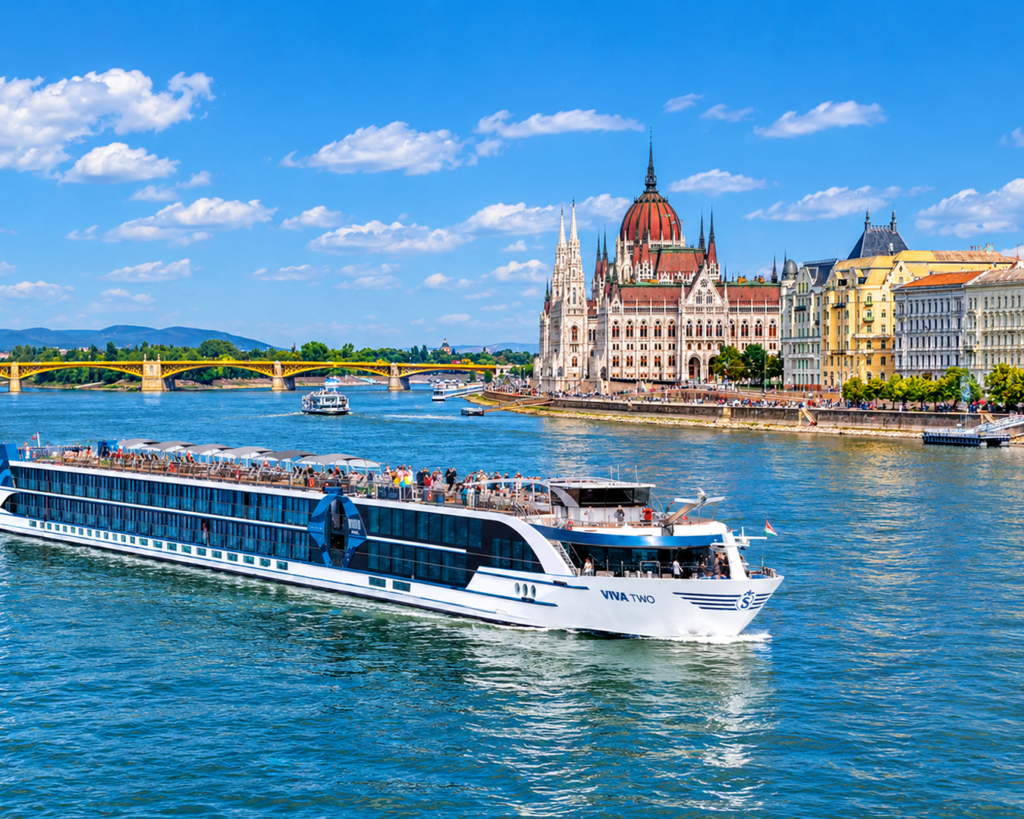 Cruzeiro fluvial VIVA TWO navegando em Budapeste com o Parlamento ao fundo