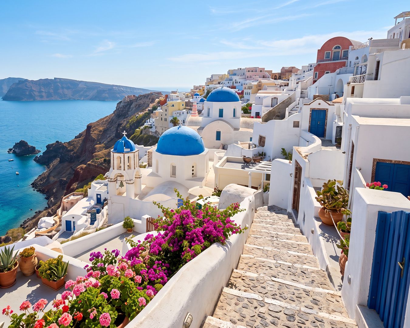 Casas brancas com cúpulas azuis e flores cor-de-rosa em Santorini com vista para o mar Egeu