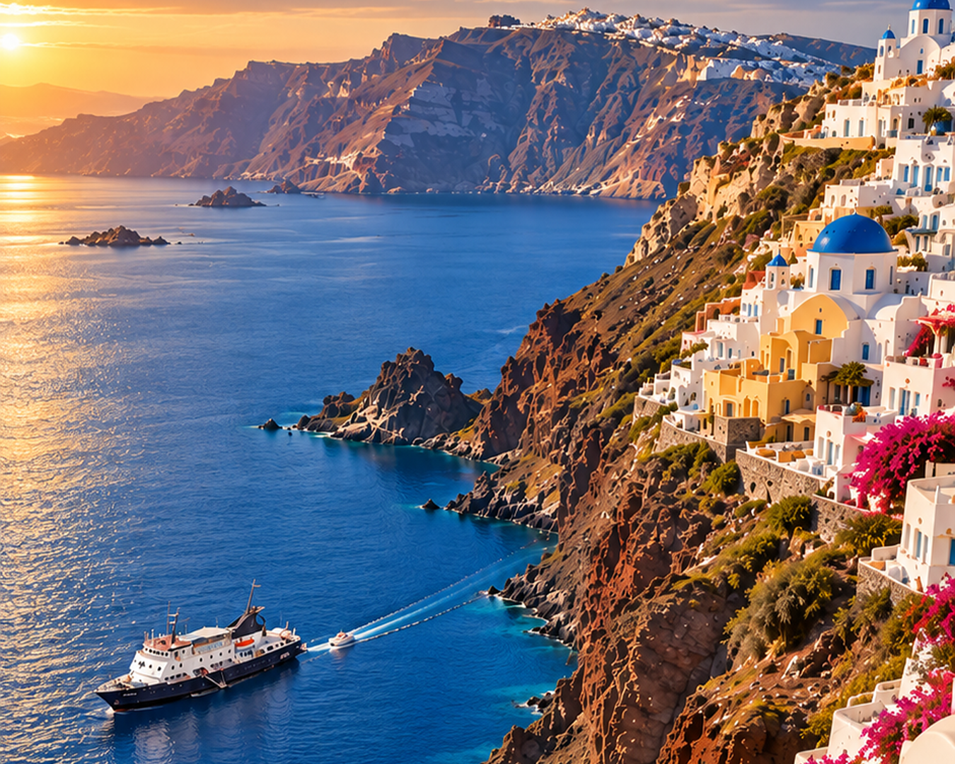 Paisagem panorâmica do pôr do sol em Oia, Santorini, mostrando a vila na falésia com cúpulas azuis e um navio no mar Egeu