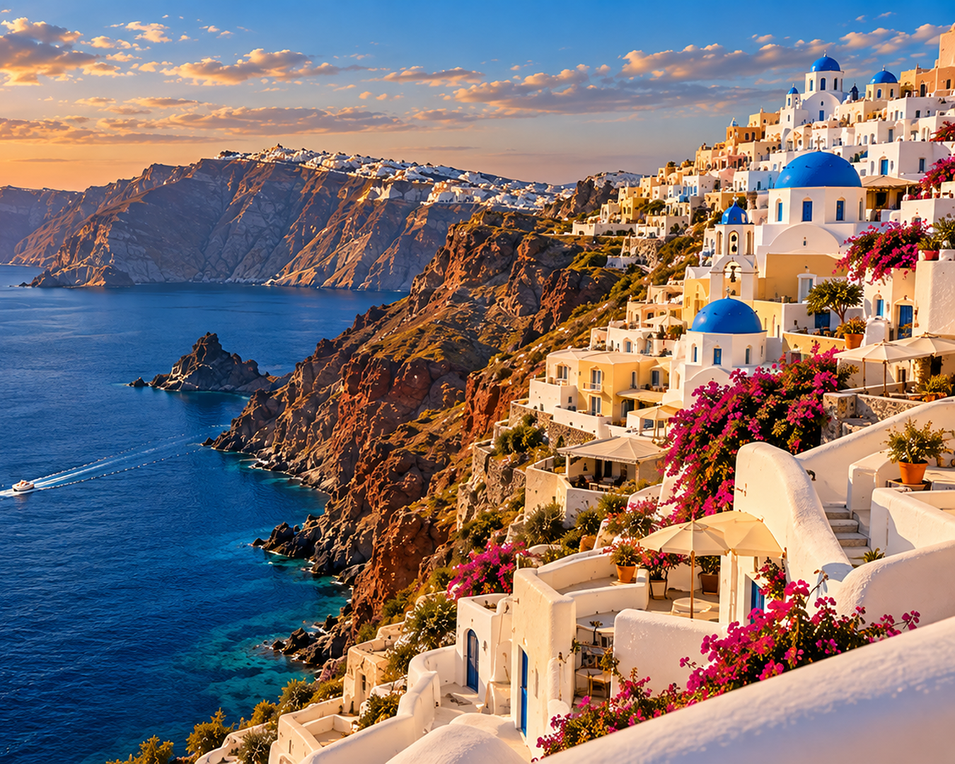 Vista deslumbrante do pôr do sol em Santorini com casas brancas nas falésias e um iate navegando no mar