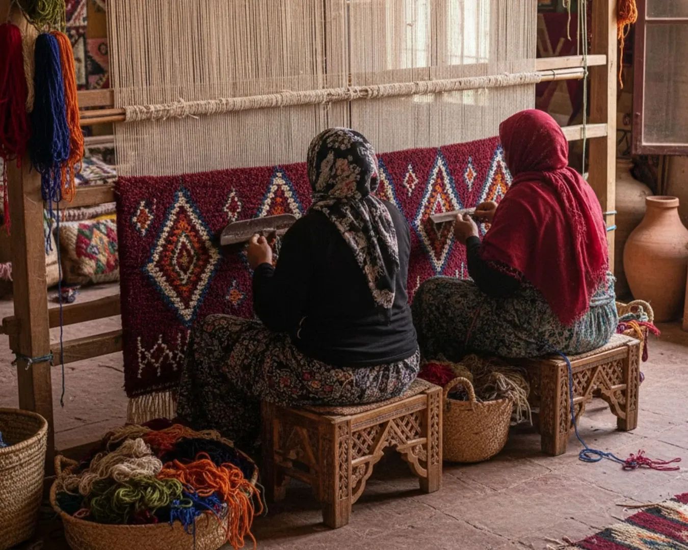 Duas mulheres em trajes tradicionais usando um tear de madeira para confeccionar um tapete artesanal colorido