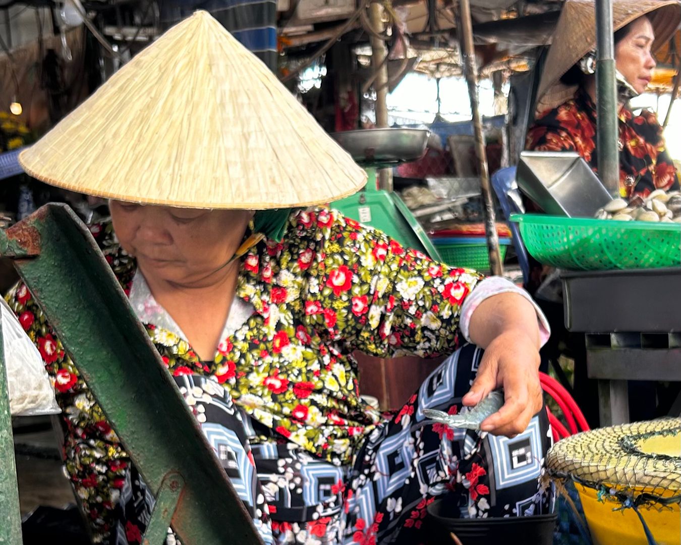 Mulher vietnamita com chapéu cônico tradicional vendendo frutos do mar em um mercado local no Vietnã
